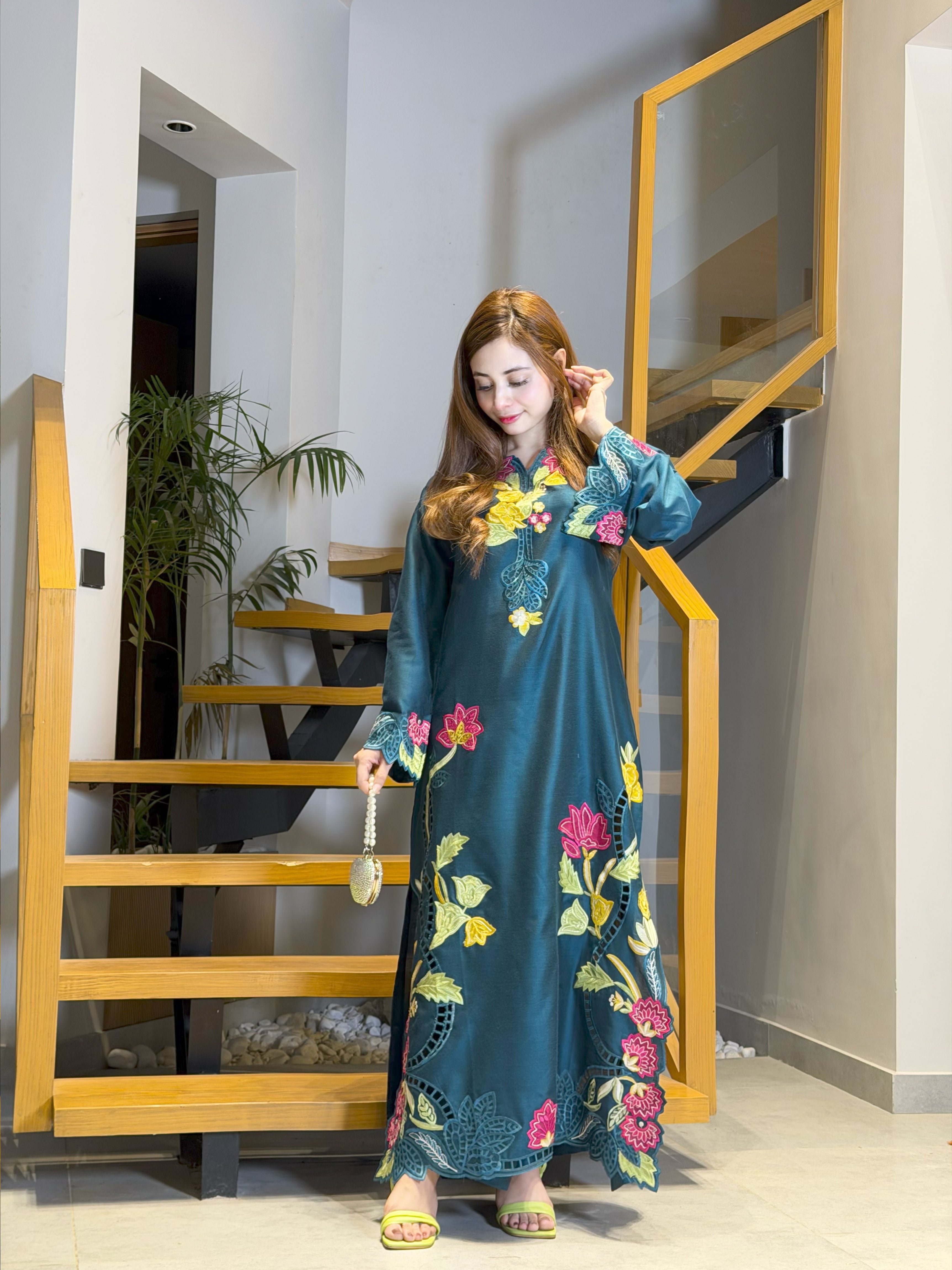 Teal Floral Applique Silk Kaftan