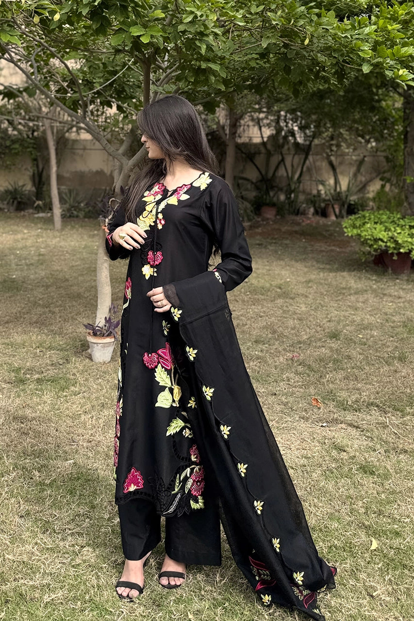 Black Applique Silk Kaftan