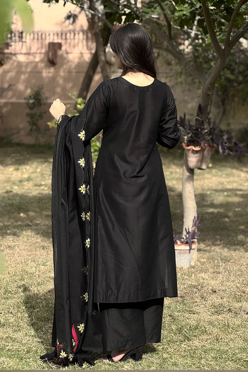 Black Applique Silk Kaftan