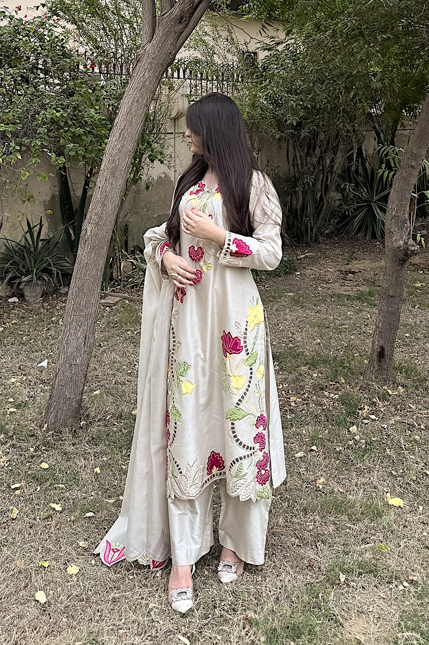 Beige Fone Applique Silk Kaftan