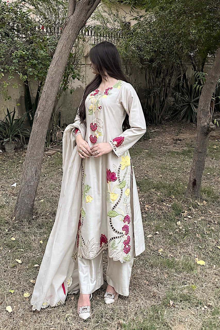Beige Fone Applique Silk Kaftan