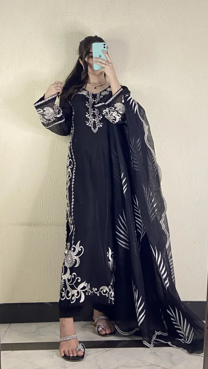 Navy Cutwork ombre-silk net kurta 3 piece unstitched