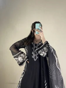 Navy Cutwork ombre-silk net kurta 3 piece unstitched