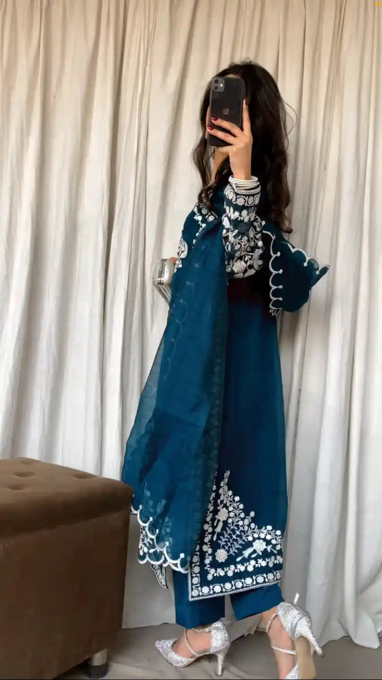 Blue Net Dress with Floral Accents 3 Piece Stitched