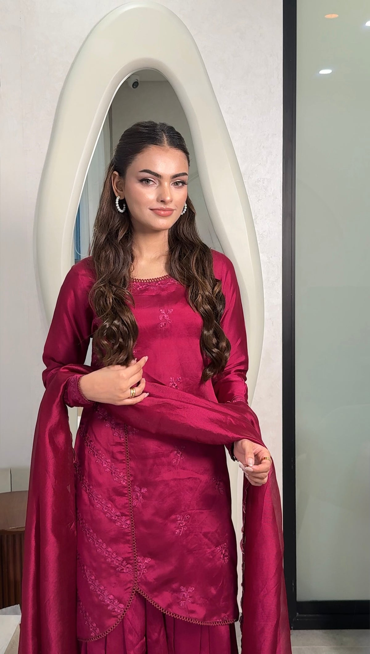 Majenta Purple Sheesha Silk Embroidered 3-Piece Short Shirt Set