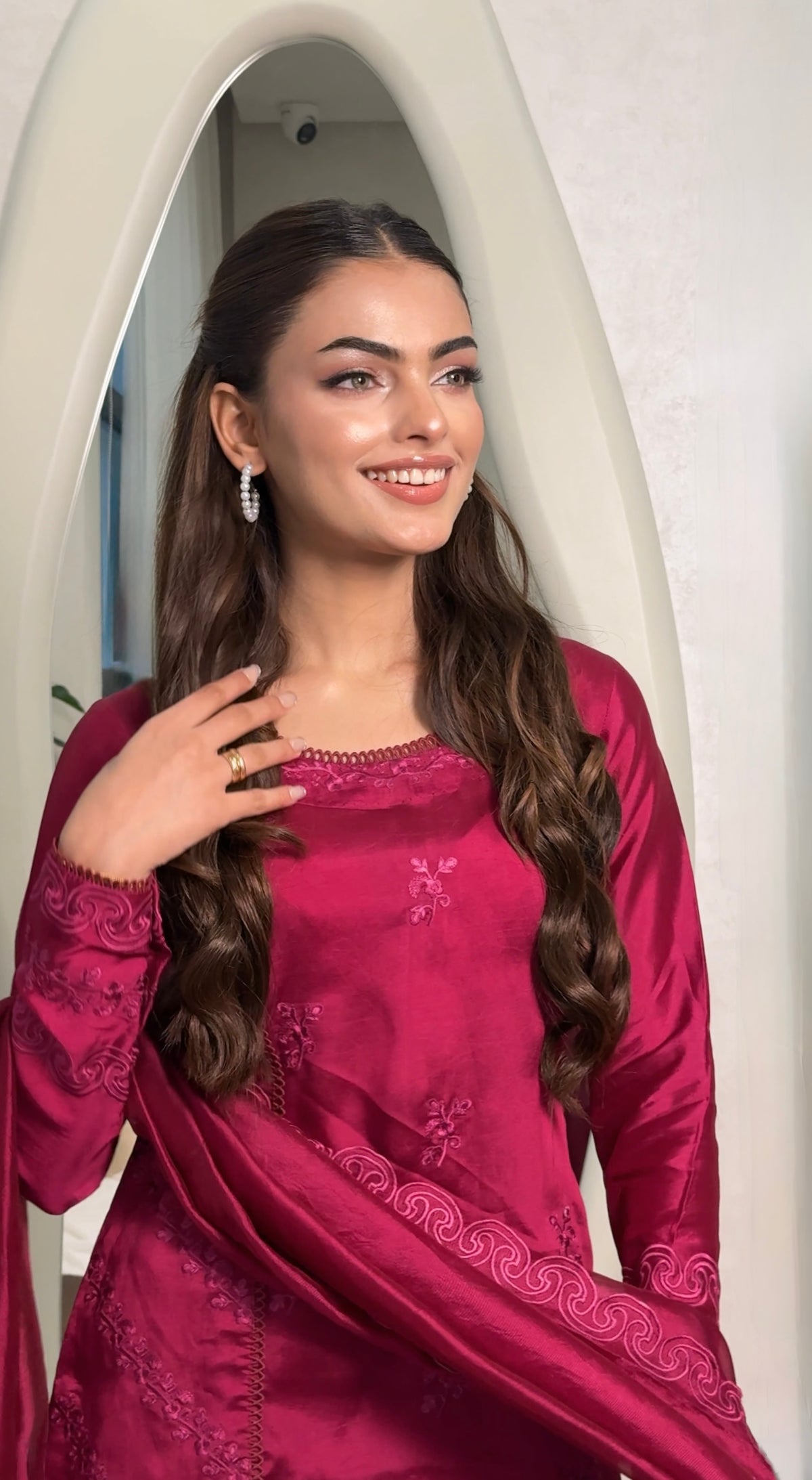 Majenta Purple Sheesha Silk Embroidered 3-Piece Short Shirt Set