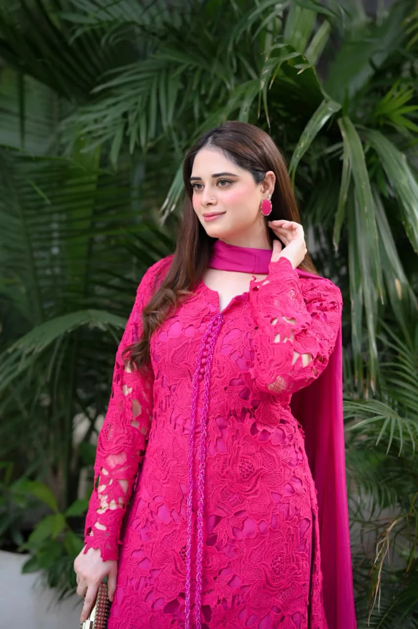 Fuchsia Pink Croshia Net Stitched