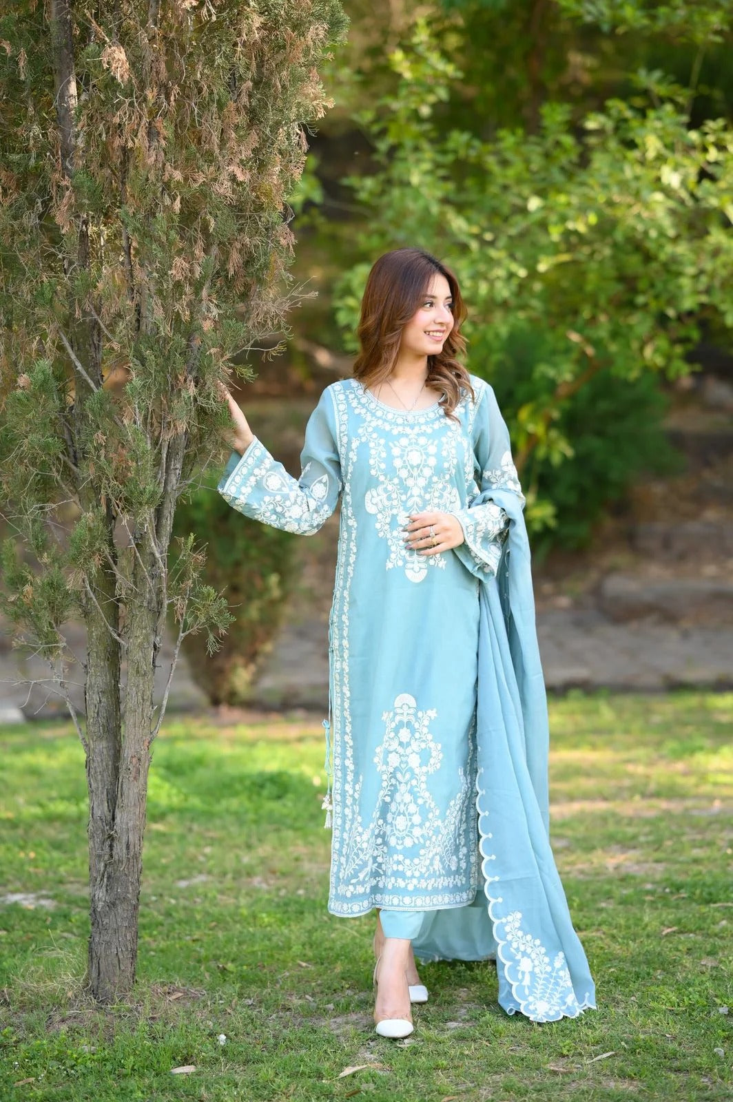 Light Blue Net Dress with Floral Accents 3 Piece Stitched