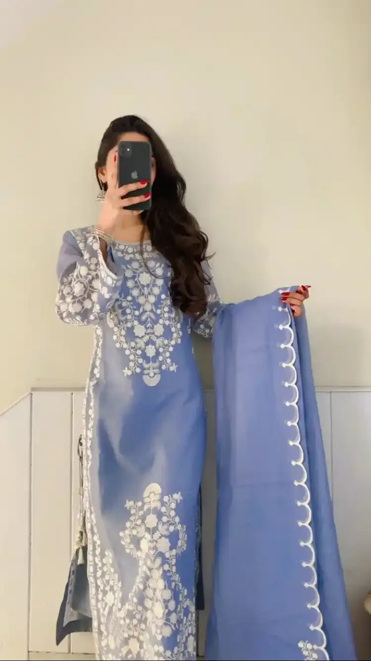 Grey Net Dress with Floral Accents 3 Piece Stitched