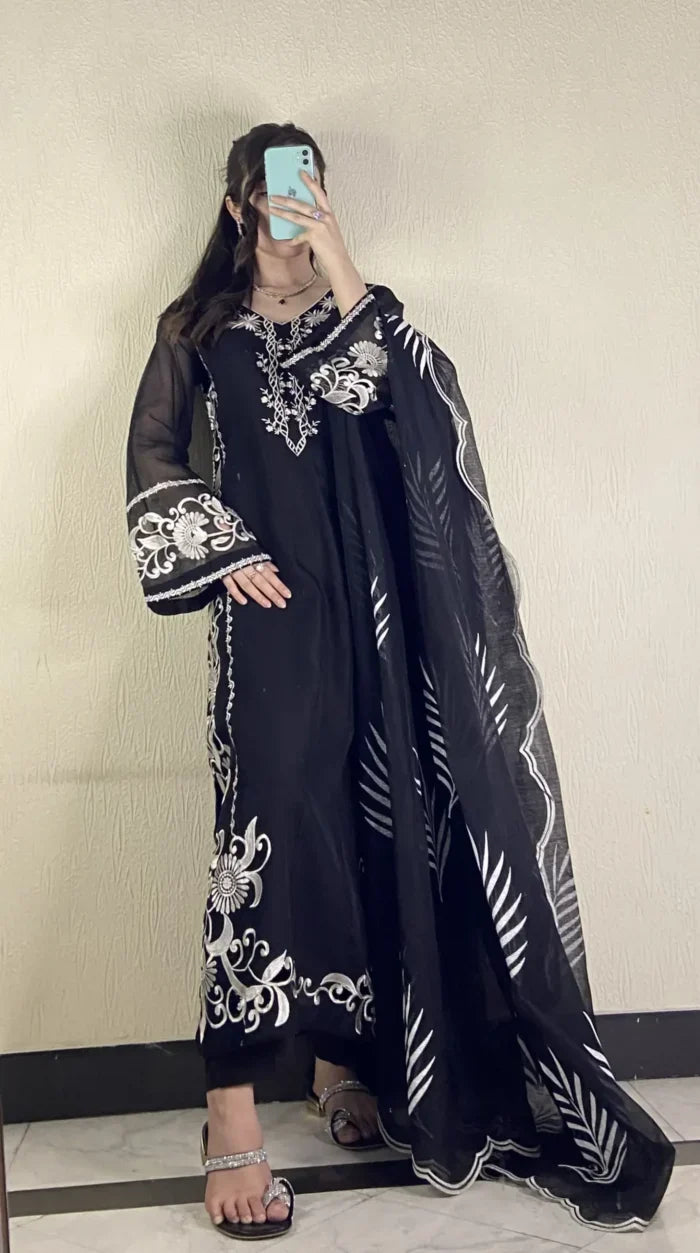 Navy Cutwork ombre-silk net kurta 3 piece unstitched RivaajFashion