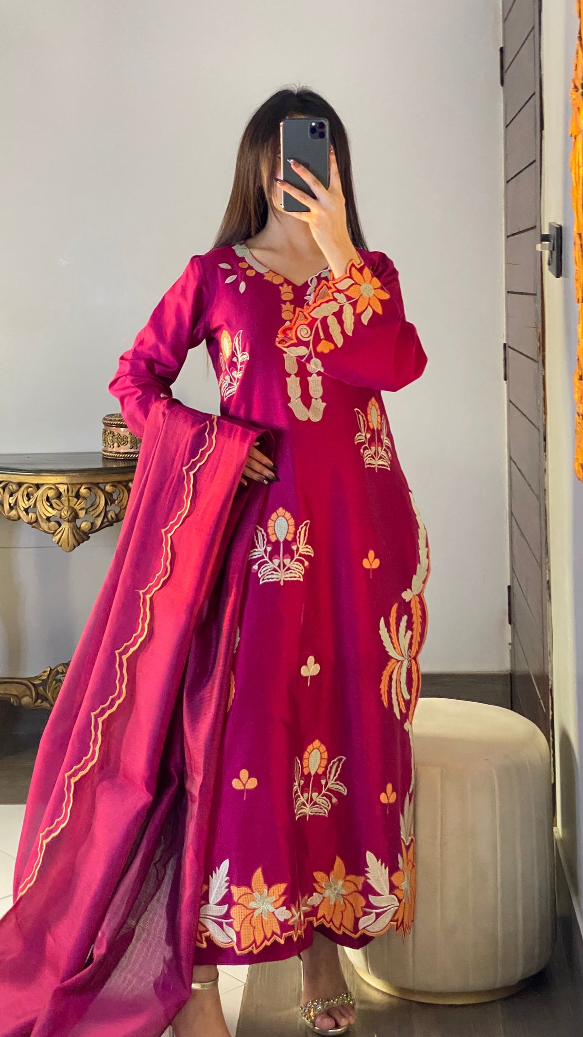 Hot pink embroidered silk kaftan dress by Rivaaj Fashion