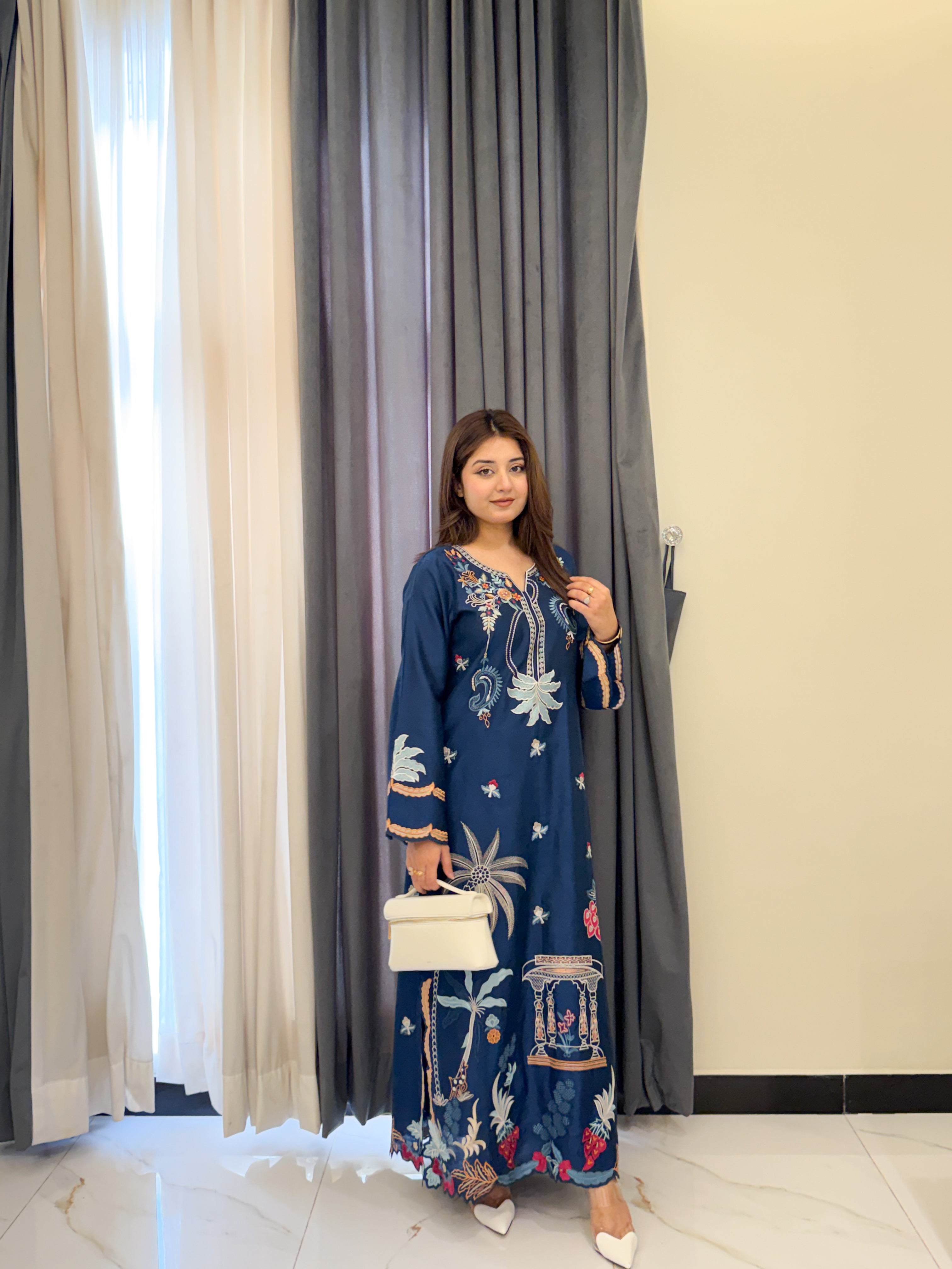 River Island teal blue printed silk kaftan dress Pakistan