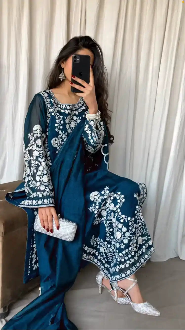 Blue Net Dress with Floral Accents 3 Piece Unstitched RivaajFashion