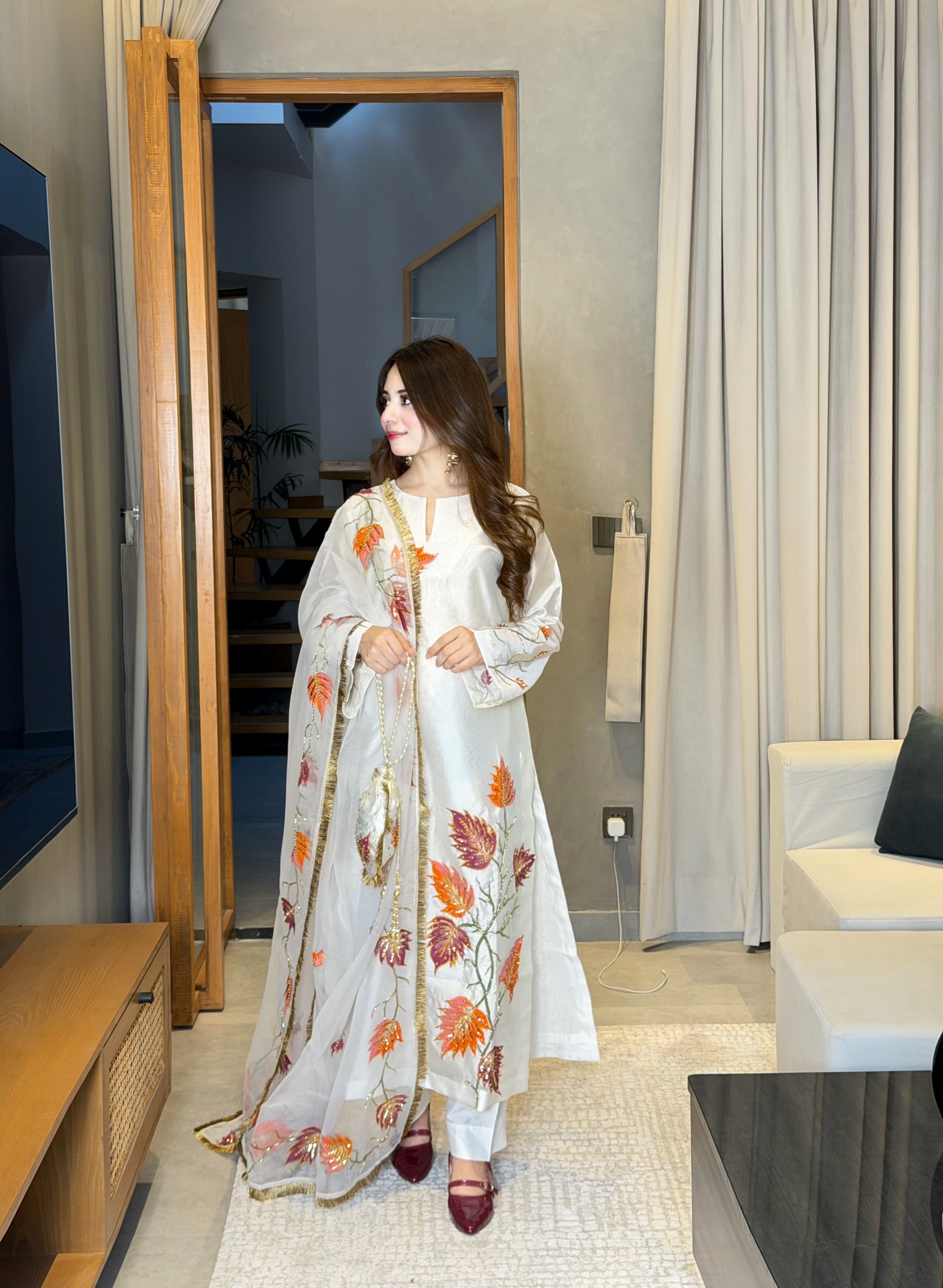 White  Autumn Whisper — Hand-Painted & Hand-Embroidered Sheesha Silk 3-Piece with Kiran Lace Dupatta & Matching Potli