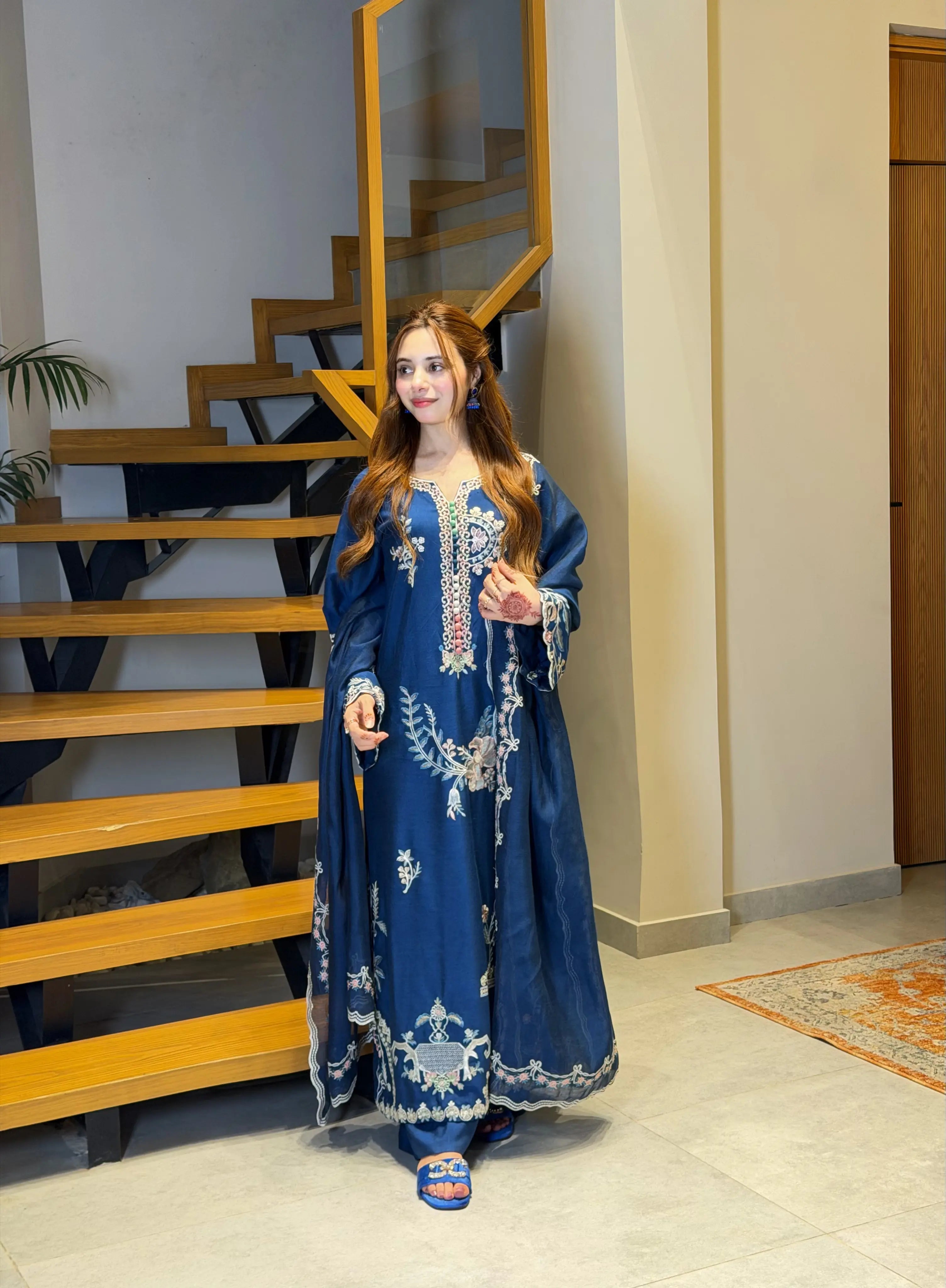 Teal blue elegant kaftan dress online Pakistan