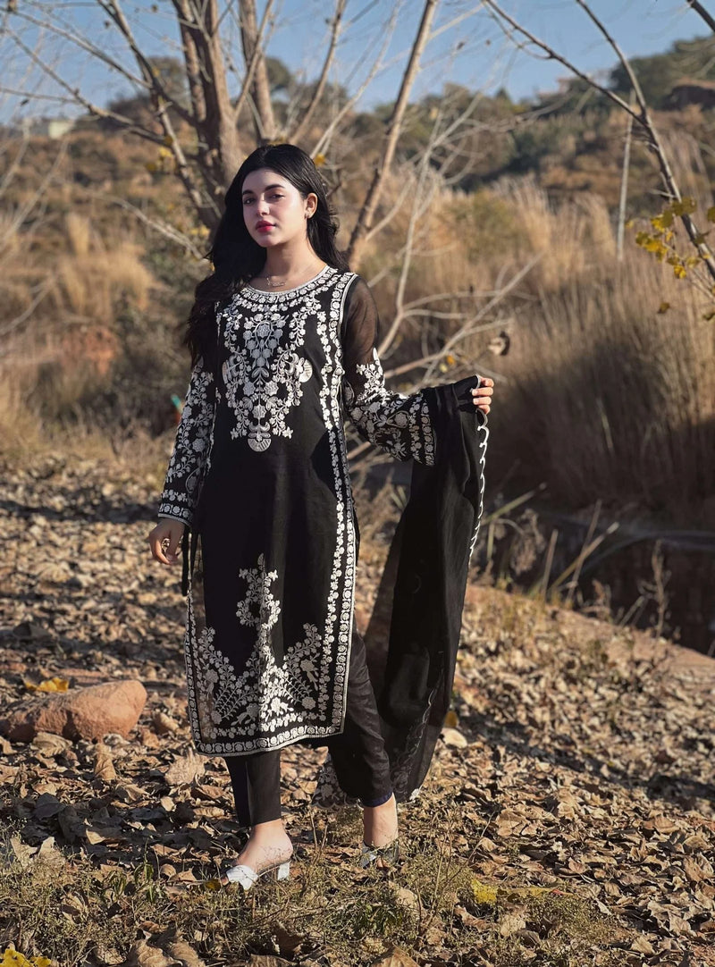 Black Net Dress with Floral Accents Unstitched RivaajFashion