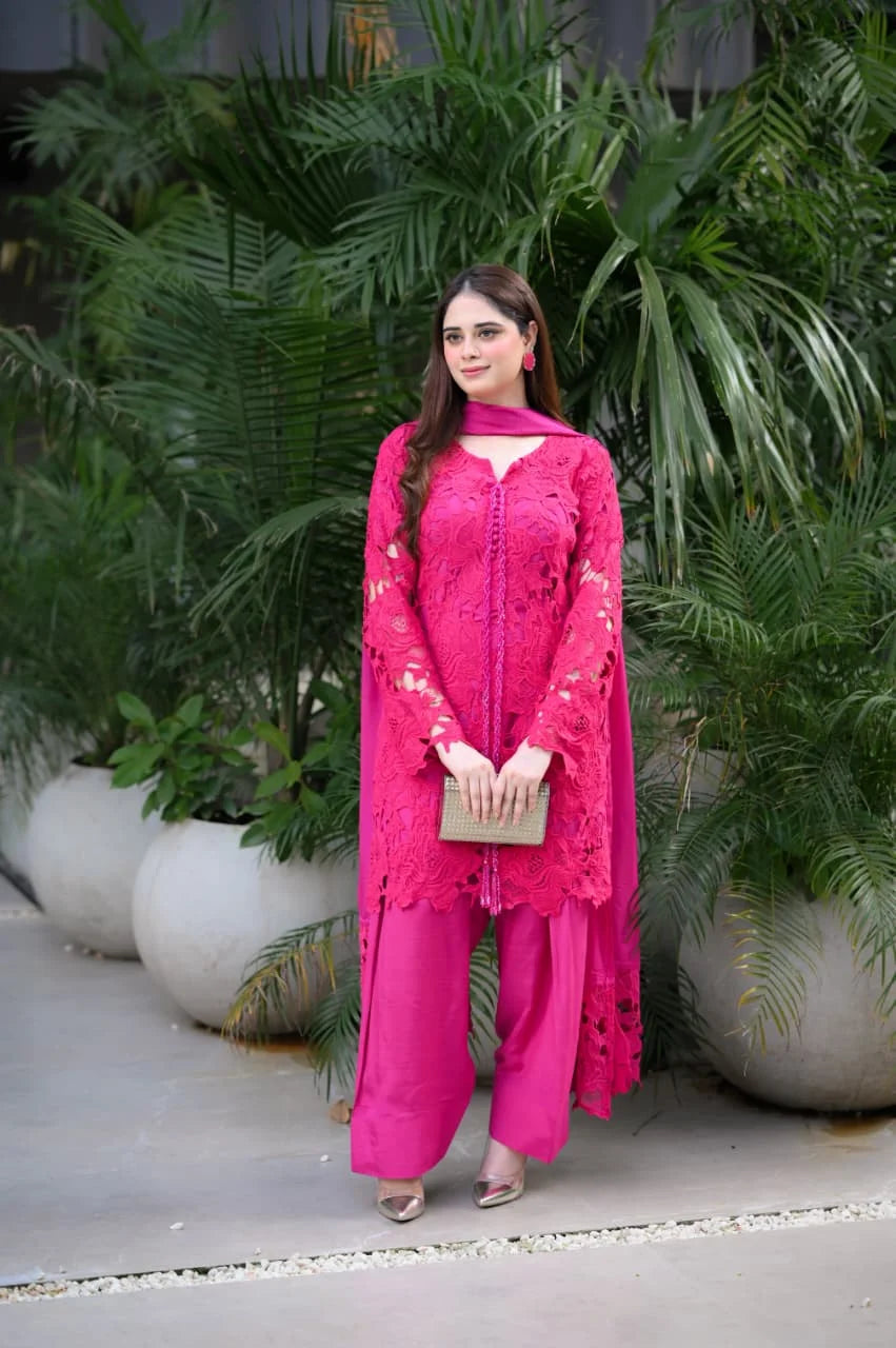 Fuchsia Pink Croshia Net Stitched