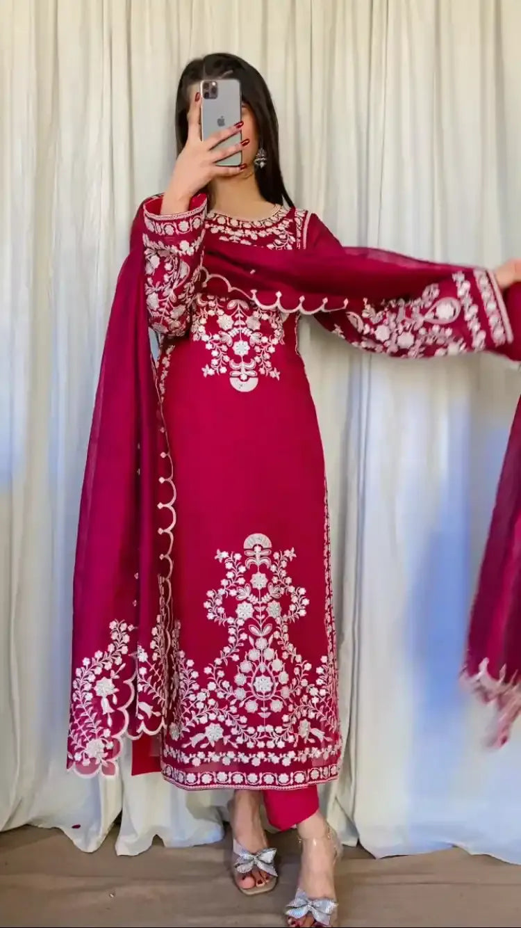 Majenda Pink Net Dress with Floral Accents 3 Piece Stitched