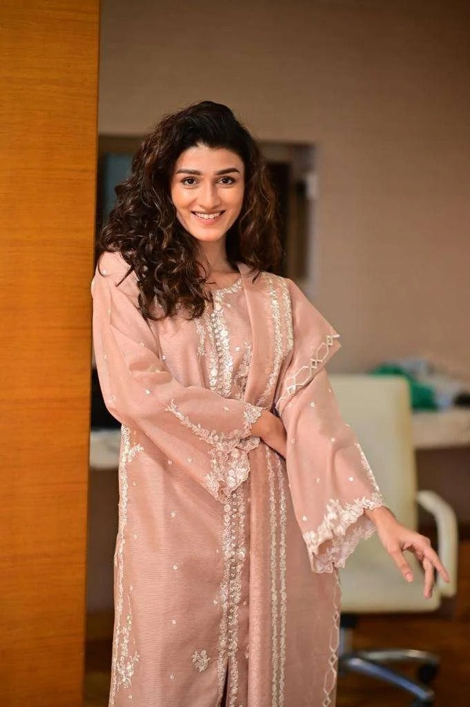 Tea Pink Khaadi Net Three-Piece Suit Stitched Rivaaj Fashion
